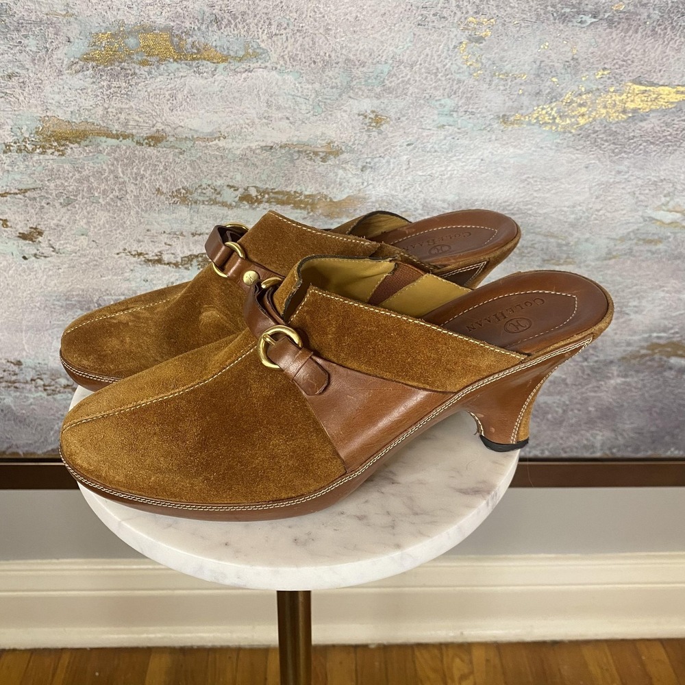 Cole Haan Mule Shoes Womens Size 9.5 Brown Suede Leather Slip On Heels B17419